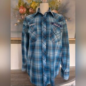 Wrangler x Ford Men's Blue Plaid Western Shirt